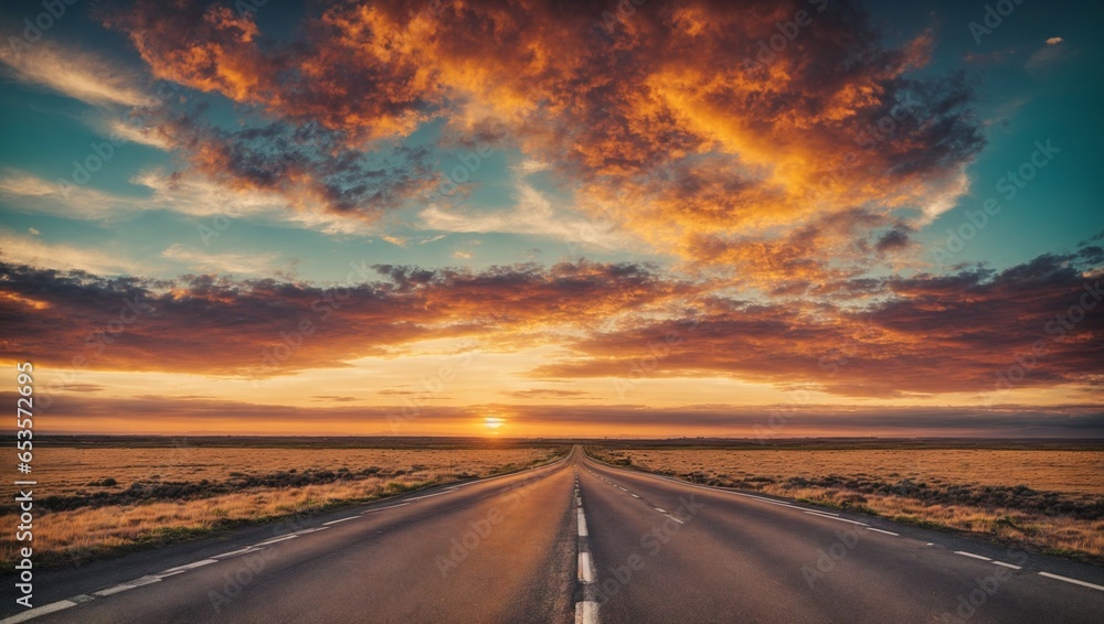 Evening sunlight in the evening when the sun will set. On a large flat paved road Beautiful sky at dusk High quality photos