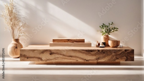 Empty natural wood tabletop counter stand, beautiful wood grain in sunlight, shadows on white wall for luxury cosmetics, skincare, beauty treatments, decorative products 3D background.