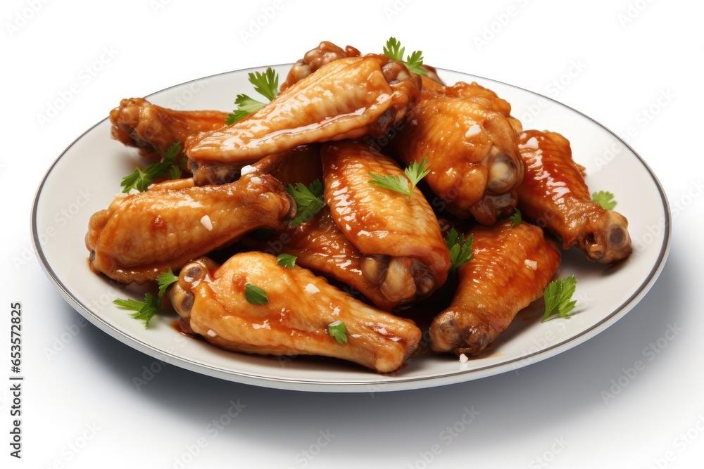 Fried chicken wings in placed on white plate on white background. Fried chicken wings in placed on white plate on white background.