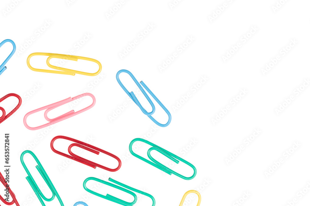 multicolored paper clips isolated on white background. close up multicolored paper clips isolated on white background. close up
