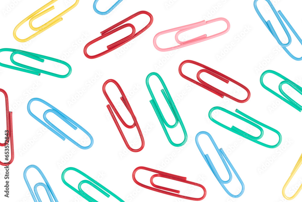 multicolored paper clips isolated on white background. close up multicolored paper clips isolated on white background. close up