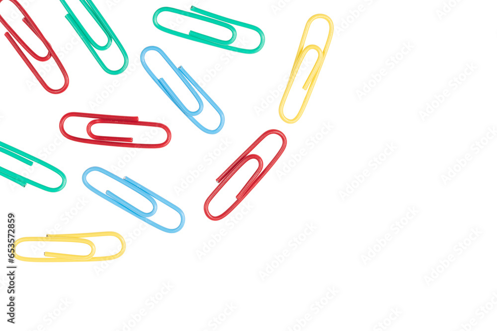 multicolored paper clips isolated on white background. close up multicolored paper clips isolated on white background. close up