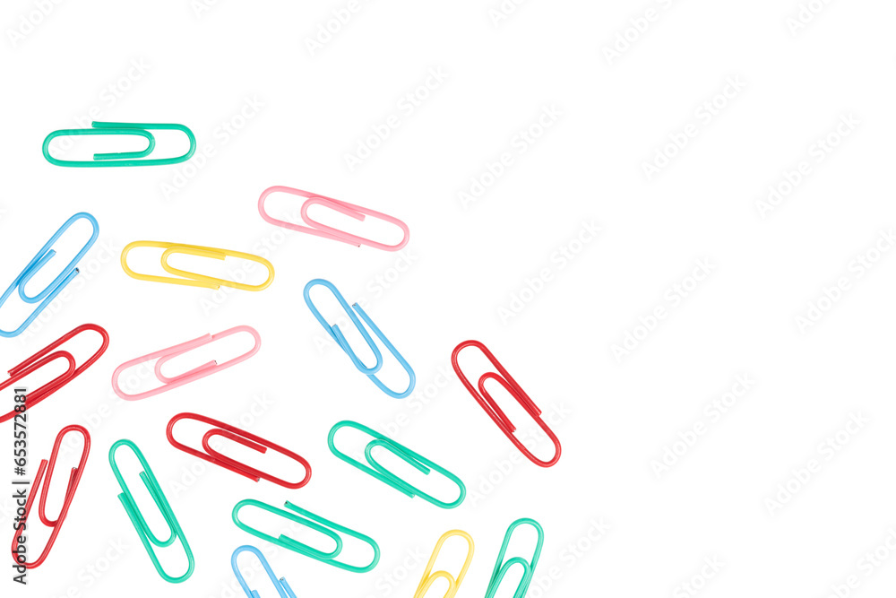multicolored paper clips isolated on white background. close up multicolored paper clips isolated on white background. close up