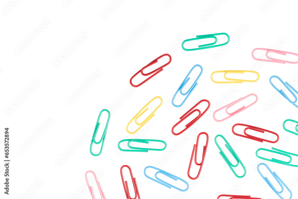 multicolored paper clips isolated on white background. close up multicolored paper clips isolated on white background. close up