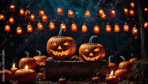 Halloween holiday background. Halloween scary pumpkins head jack lanterns with burning candles in dark spooky mystery forest, Halloween Party Card. Generative AI 