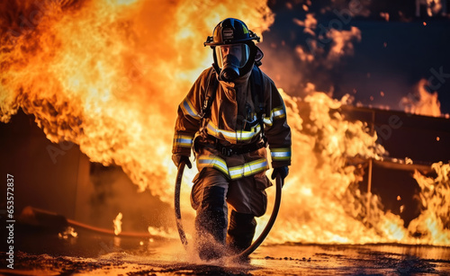 Fireman wearing suit for safety using water and extinguisher to fighting with fire flame.