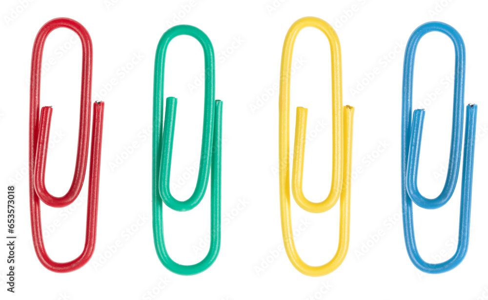 multicolored paper clips isolated on white background. close up