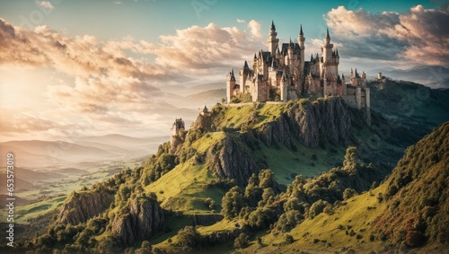Castle on the hill at morning or sunset in summer. Generative AI Illustration