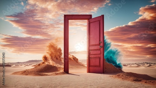 Open a pink portal in the desert. Unknown and starting to come up with creative ideas This is a 3D illustration.