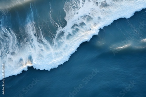 an aerial view of a wave breaking on the ocean.Drone photo backdrop of sea wave in bird eye waves. generative ai