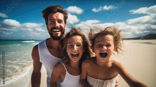 Happy parents and kid on a beach vacation, Family travel and vacations concept.