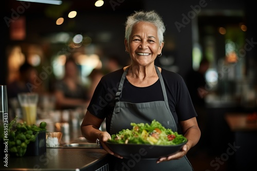 Portrait of a senior Asian woman serving a salad in a restaurant