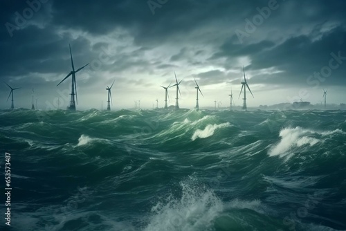 offshore wind farms in stormy sea, gloomy seascape with wind generators, sustainable green energy concept. Generative AI photo
