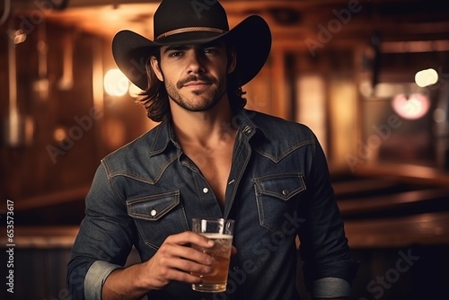 Portrait of a handsome cowboy holding a glass of whiskey while standing in a pub.