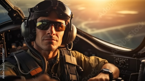 Male in cockpit jet fighter. © visoot