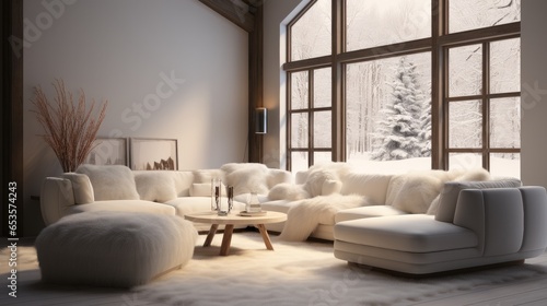 Plush Living Room with Velvet Sofa  Furry Rug and Crystal Decor  Lavish Comfort.