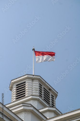 Indonesian Flag, The Red and white Flag, national symbol of Indonesia, Above the Mandiri museum building