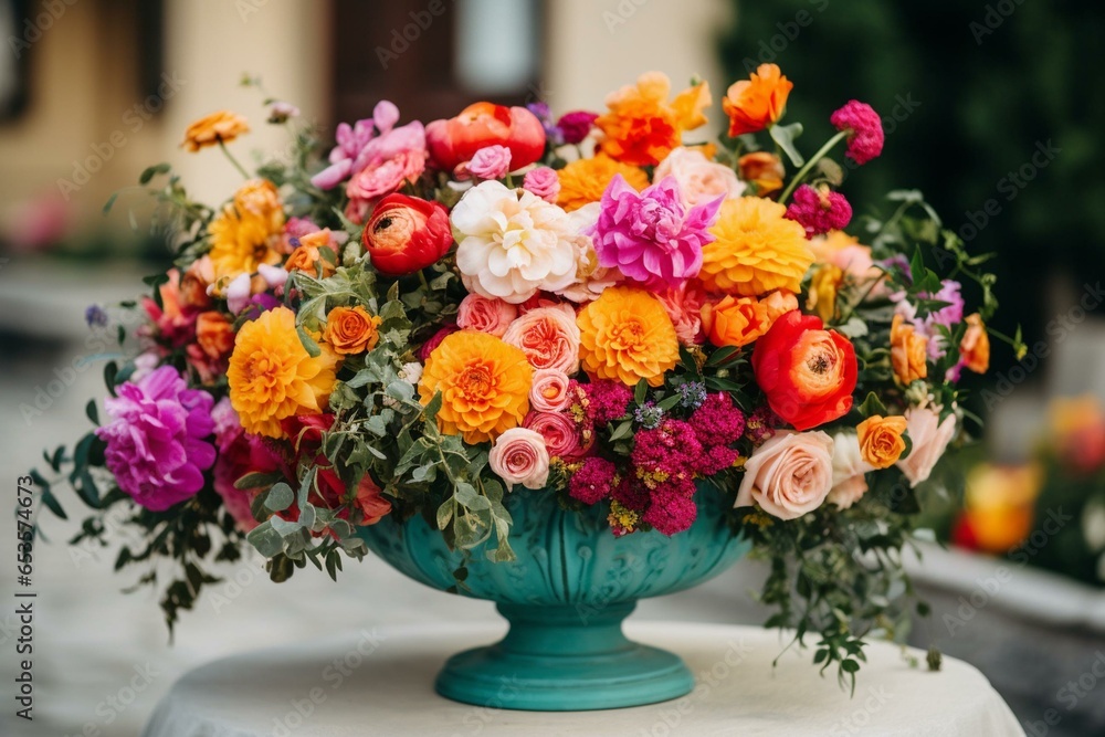 Colorful floral arrangement for a wedding ceremony. Generative AI