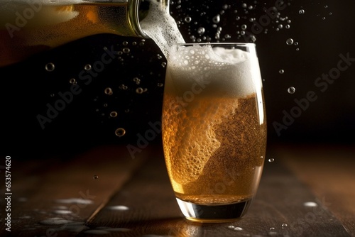A view of beer being poured into a glass with bubbles and froth. Generative AI