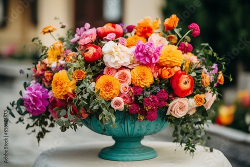 Colorful floral arrangement for a wedding ceremony. Generative AI