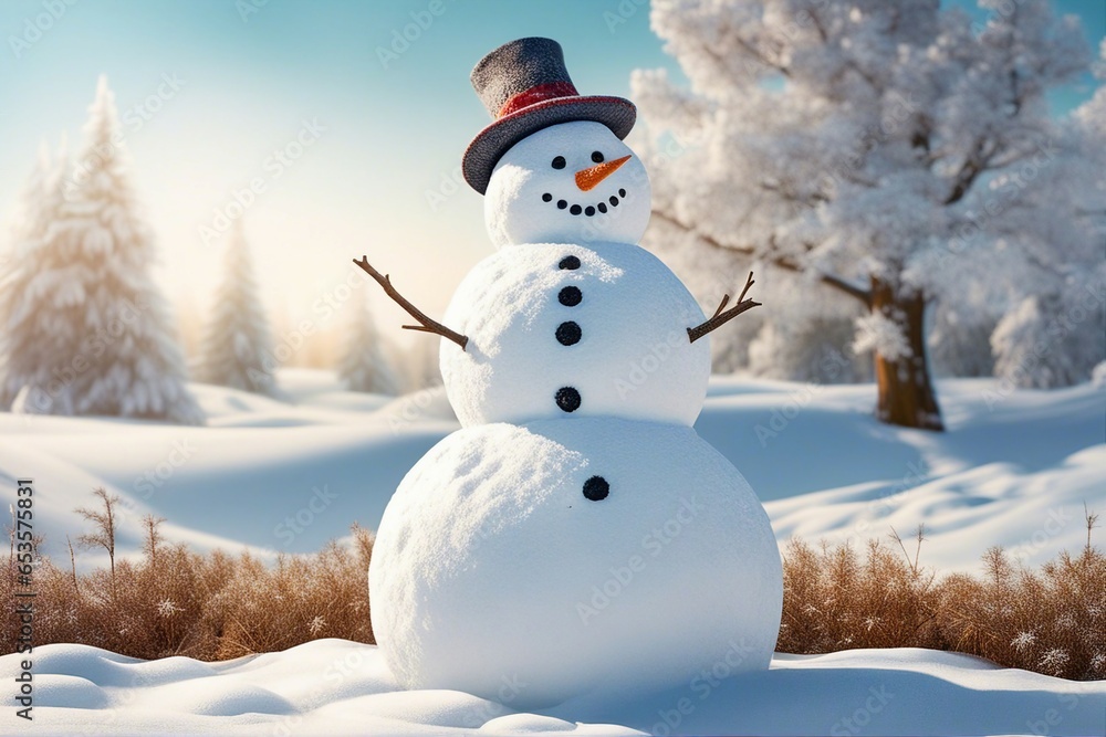 Snowman in stylish hat and Scalf on snowy field. Merry Christmas and happy New Year theme and Blue sky on background. AI Generative