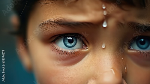 Young boy child crying, Tears on the face, Sad mood.