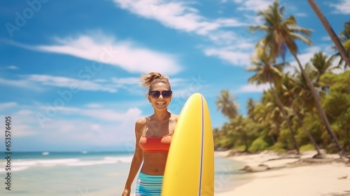Beautiful woman with surfboard on tropical beach.