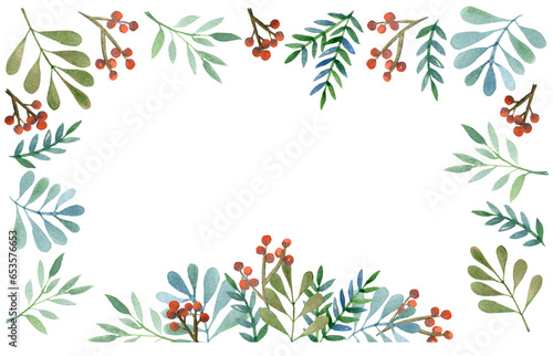 Twigs with berries and winter leaves, translucent watercolor pattern. Background frame isolated on white background. Clipart for invitations, congratulations and corporate identity.