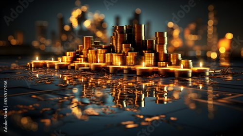 Many coins on a city bokeh background photo