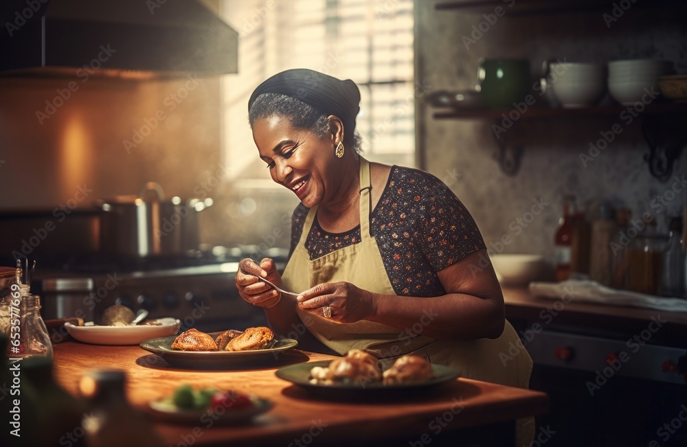 Black mature woman cooks. Business culinary. Generate Ai - obrazy, fototapety, plakaty 