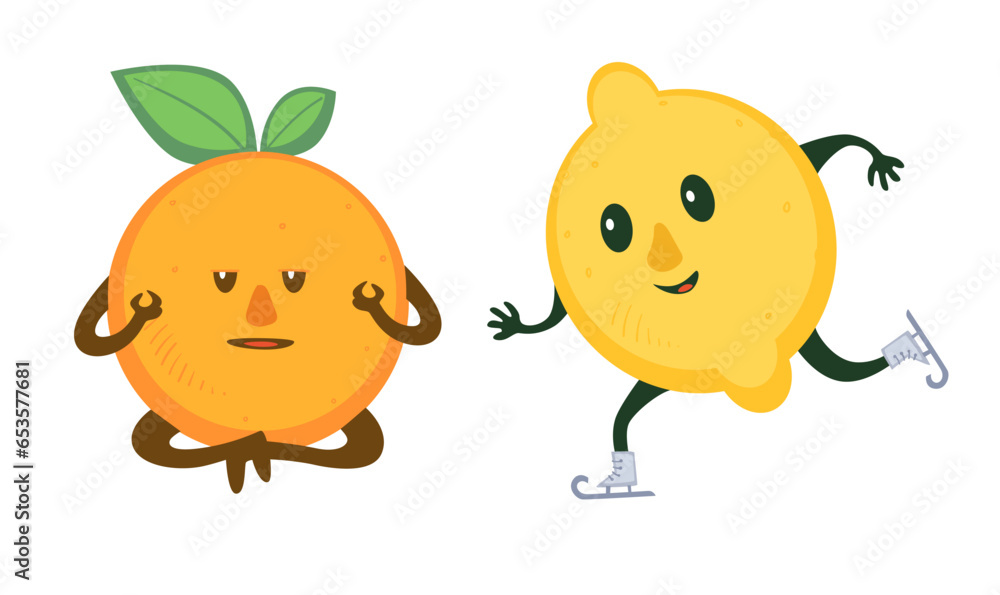 Fototapeta premium Funny fruits character doing sports, mediation