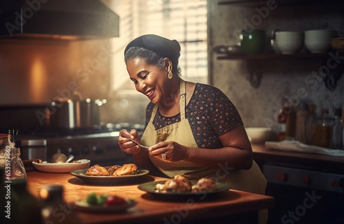 Black mature woman cooks. Business culinary. Generate Ai photo