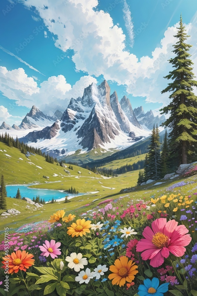 A Magical Landscape, An Amazing Blooming Alpine Meadow, Bright Multicolored Flowers, A Green Mixed Forest, A High Mountain With A Snowy Peak In The Background.