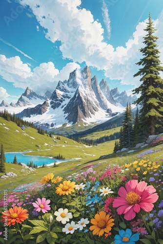 A Magical Landscape, An Amazing Blooming Alpine Meadow, Bright Multicolored Flowers, A Green Mixed Forest, A High Mountain With A Snowy Peak In The Background. © Evolved Design