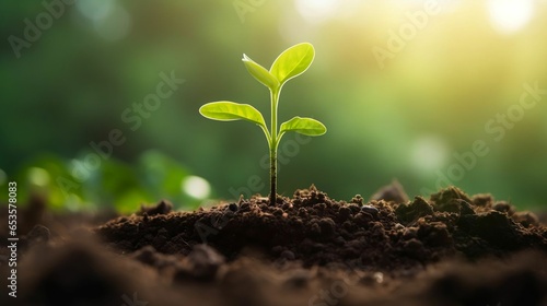 Plant on soil pile against blurred green background