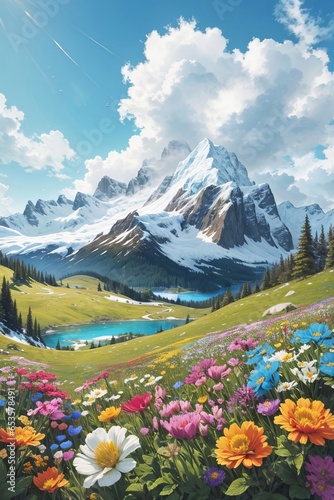 A Magical Landscape, An Amazing Blooming Alpine Meadow, Bright Multicolored Flowers, A Green Mixed Forest, A High Mountain With A Snowy Peak In The Background.