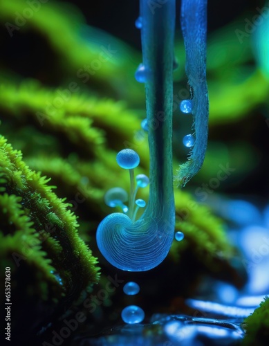 Macro shot of bluish neon fungoid sprout hanging over water over the green moss background demonstrating miniature ecology and environment microcosm photo