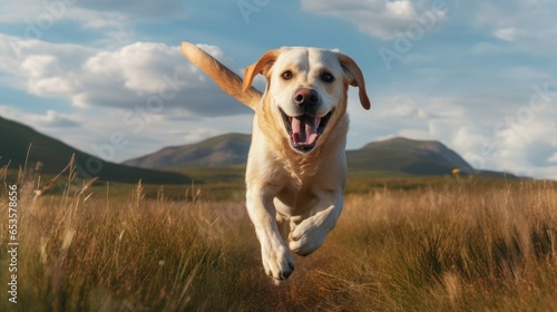 Happy labrador retriever leading active lifestyle running in the fields outdoors for pet adoption