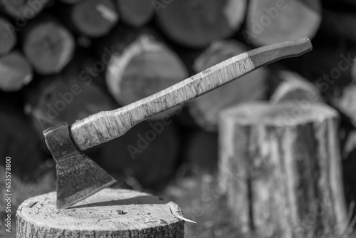 Fototapeta Naklejka Na Ścianę i Meble -  Photography on theme big steel axe with wooden handle