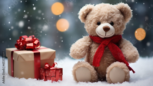 Teddy bear with gift boxes on snow and bokeh background © Jioo7