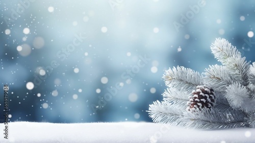 Fir-tree and Real Snow on copy space bokeh background 