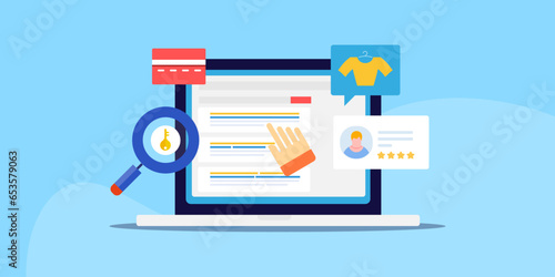 Buyer intent keyword, search engine optimisation ecommerce SEO online shopping concept, person clicks on e-store link from search page, vector illustration.