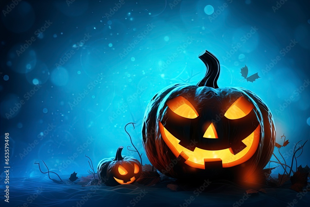 Fototapeta premium Halloween pumpkin on glowing blue background