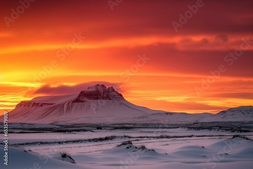 Vivid mountainous winter sunset in Iceland. Generative AI
