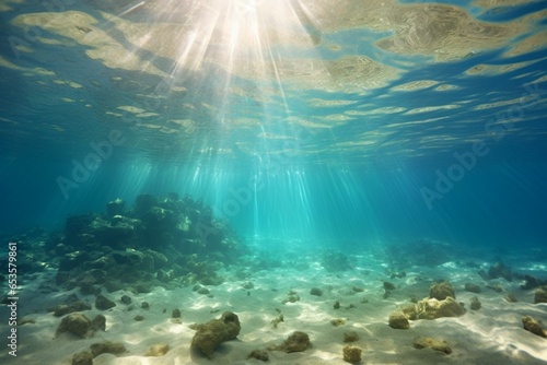 Sunlight underwater, sandy seabed, Mediterranean Sea, Spain. Generative AI