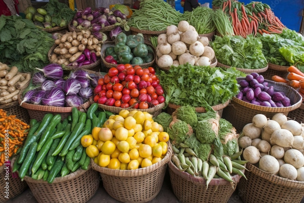 Abundance of fresh veggies at a lively market. Generative AI