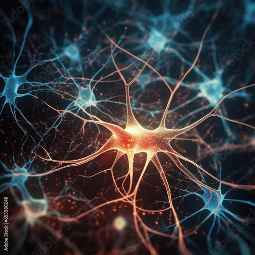 Neuron cells with glowing link nodes in abstract dark space