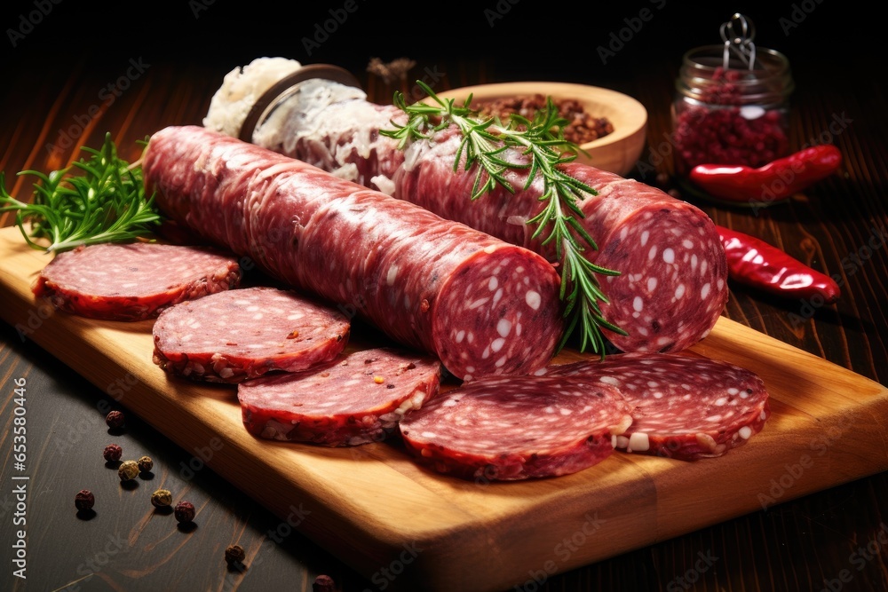 Set of different types of sausages, salami and smoked meat.