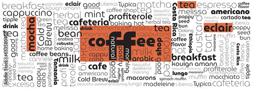 Coffee, cafeteria word cloud template, tagcloud in brown and orange colors  