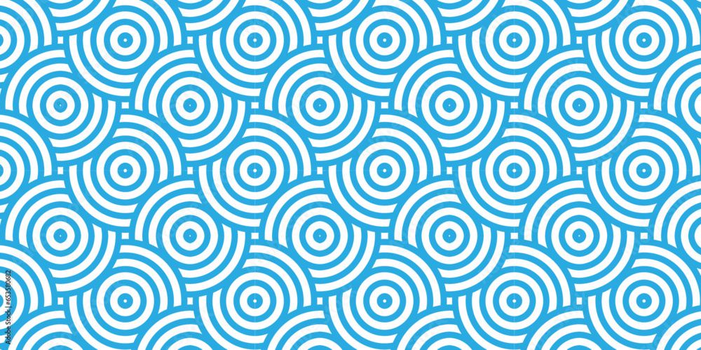 	
Seamless geometric ocean spiral pattern and abstract circle wave lines. blue seamless tile stripe geomatics overlooping create retro square line backdrop pattern background. Overlapping Pattern.